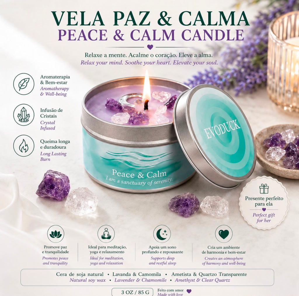 Vela Paz & Calma com Cristais — Lavanda & Camomila