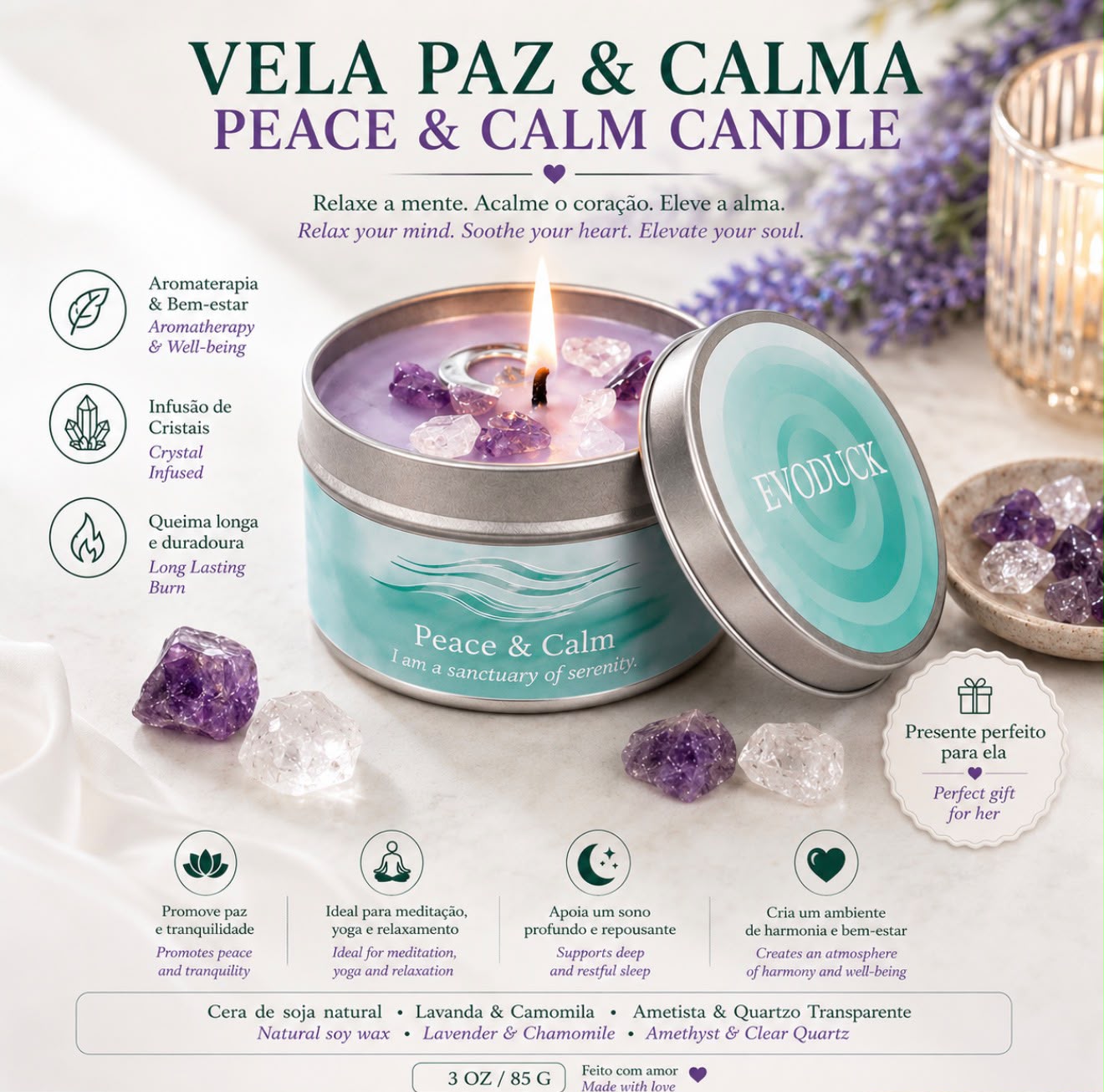 Vela Paz & Calma com Cristais — Lavanda & Camomila