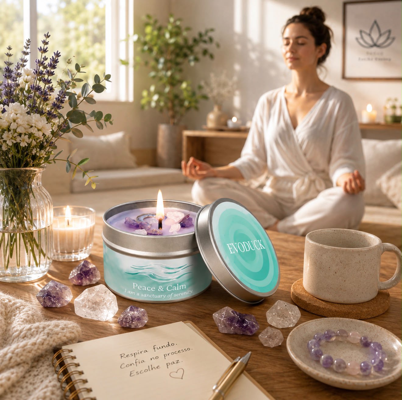 Vela Paz & Calma com Cristais — Lavanda & Camomila
