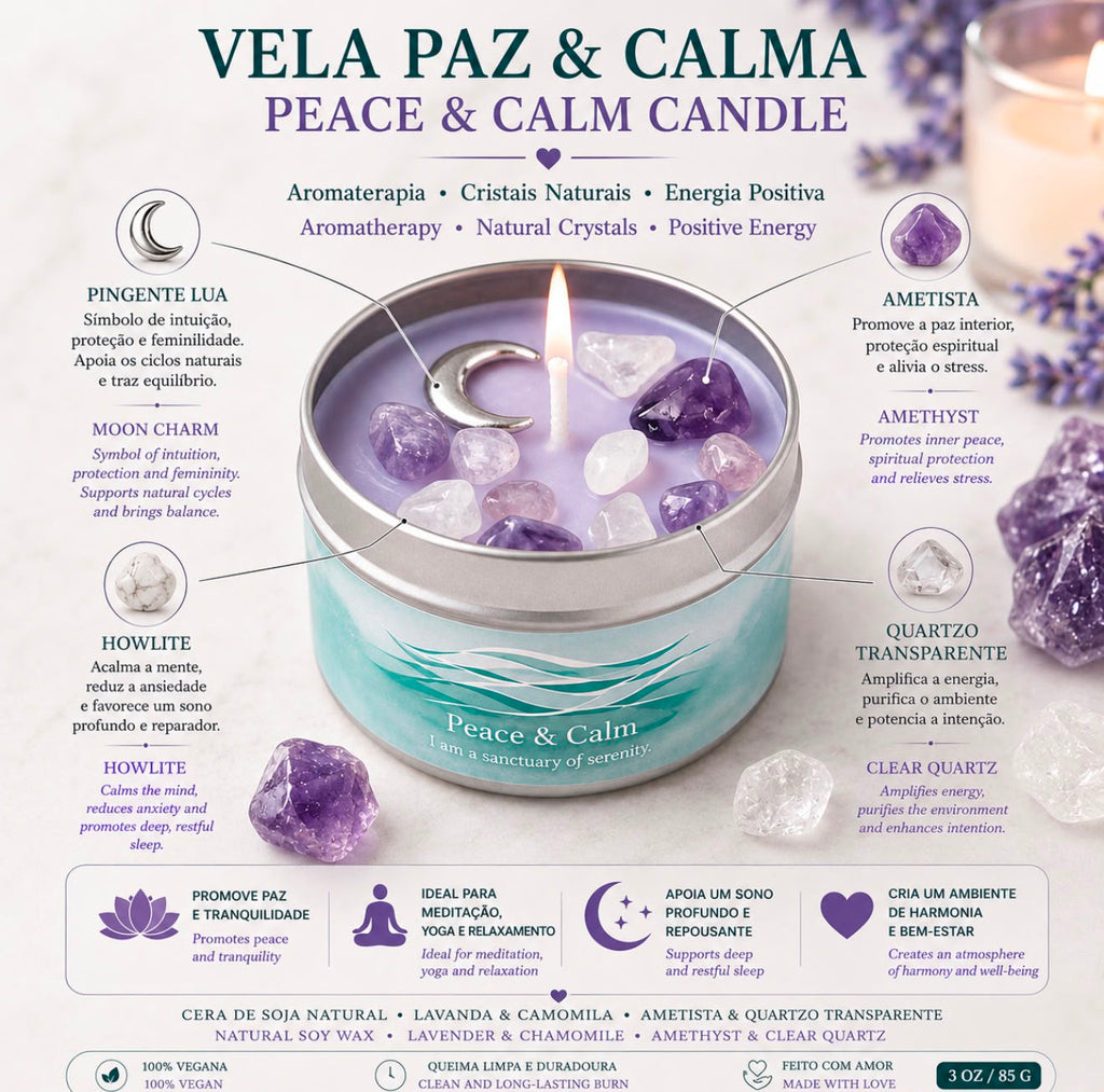 Vela Paz & Calma com Cristais — Lavanda & Camomila