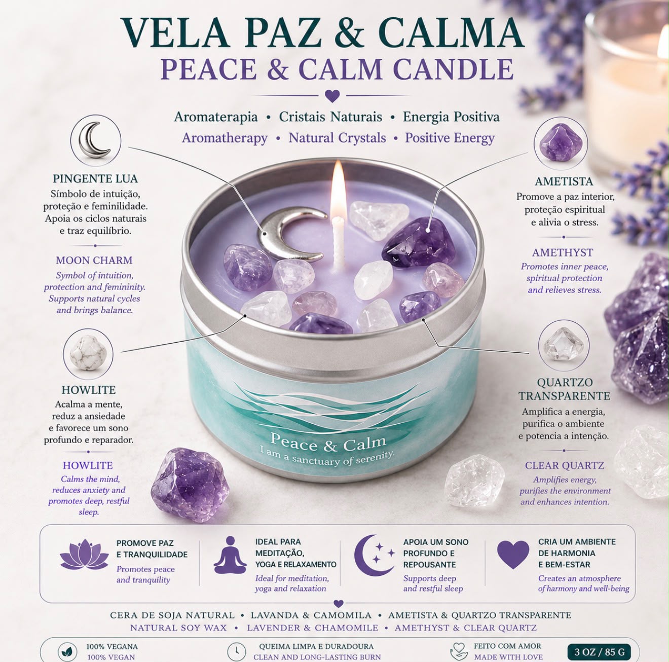 Vela Paz & Calma com Cristais — Lavanda & Camomila