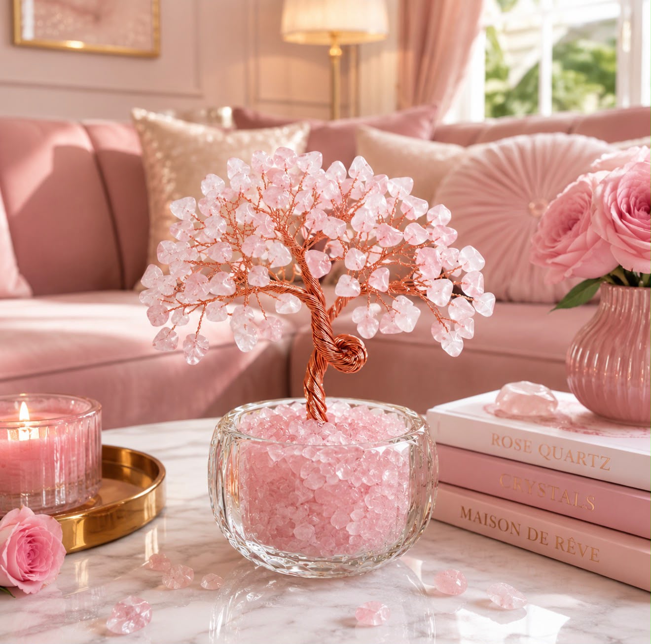 🌸 Árvore da Vida Rosa — Amor, Harmonia & Energia Positiva- Quartzo Rosa.