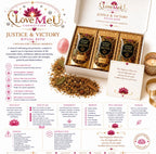 Infográfico em inglês do Justice & Victory Ritual Bath, caixa aberta com 3 saquinhos rituais