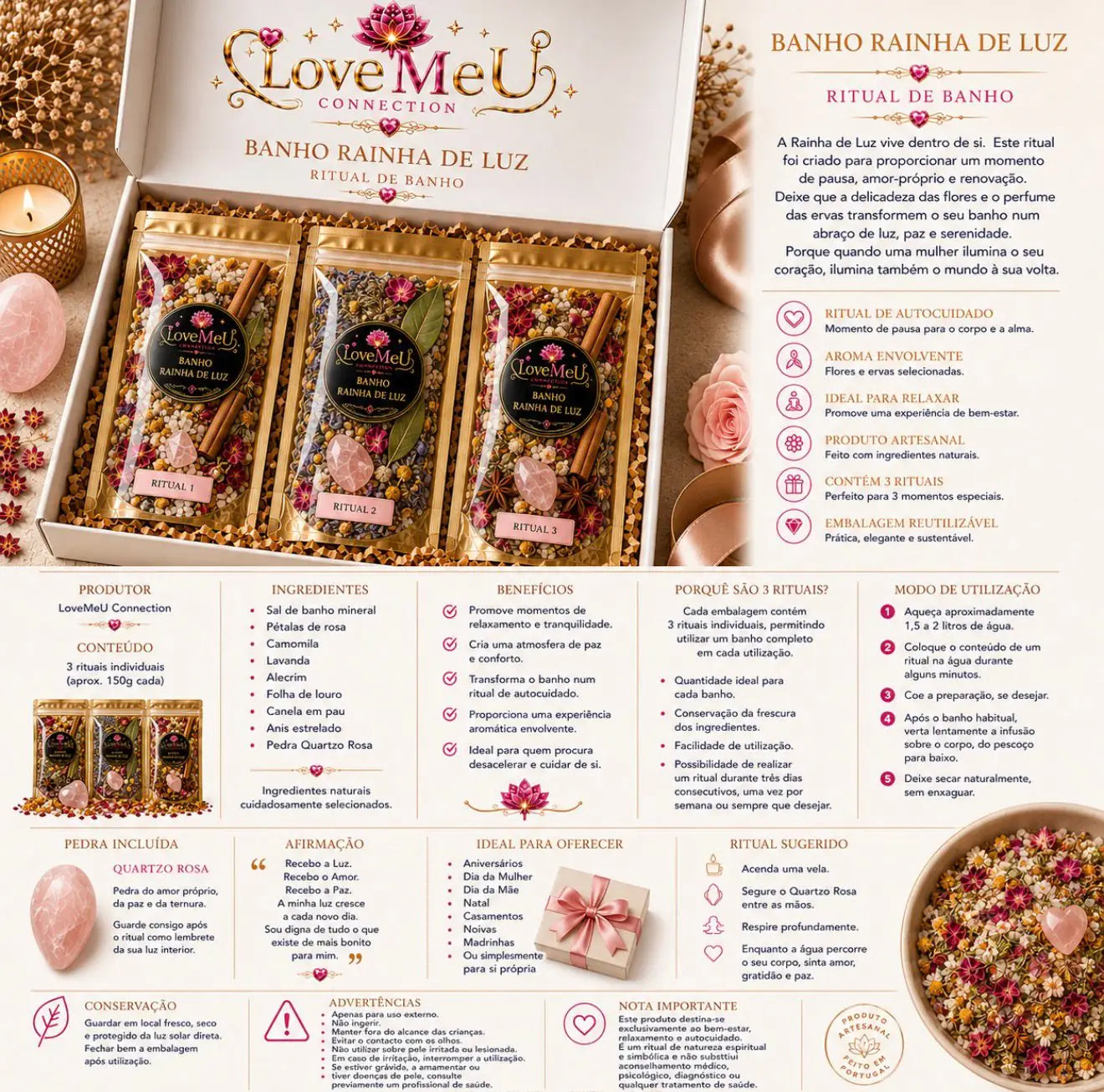 Infográfico completo em português do Banho Ritual Rainha de Luz, com ingredientes e modo de utilização
