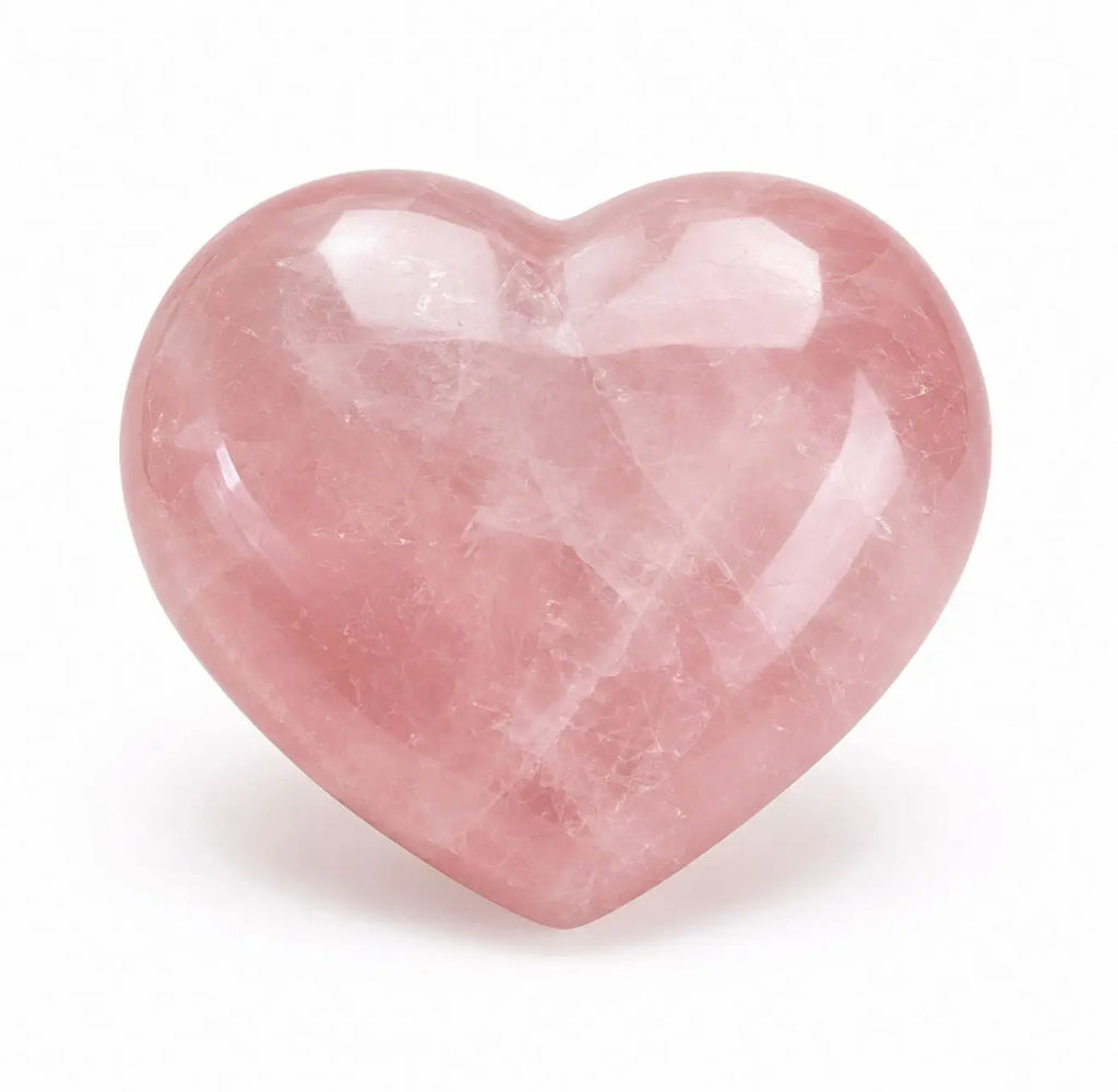 Coração de Quartzo Rosa polido isolado em fundo branco
