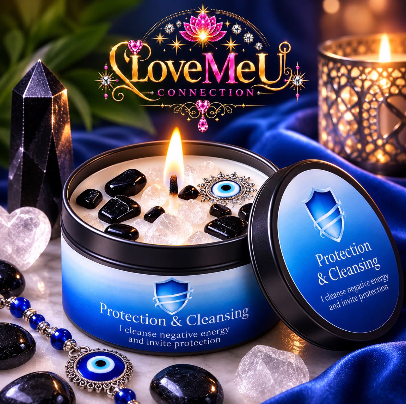 Protection & Cleansing Candle with Crystals