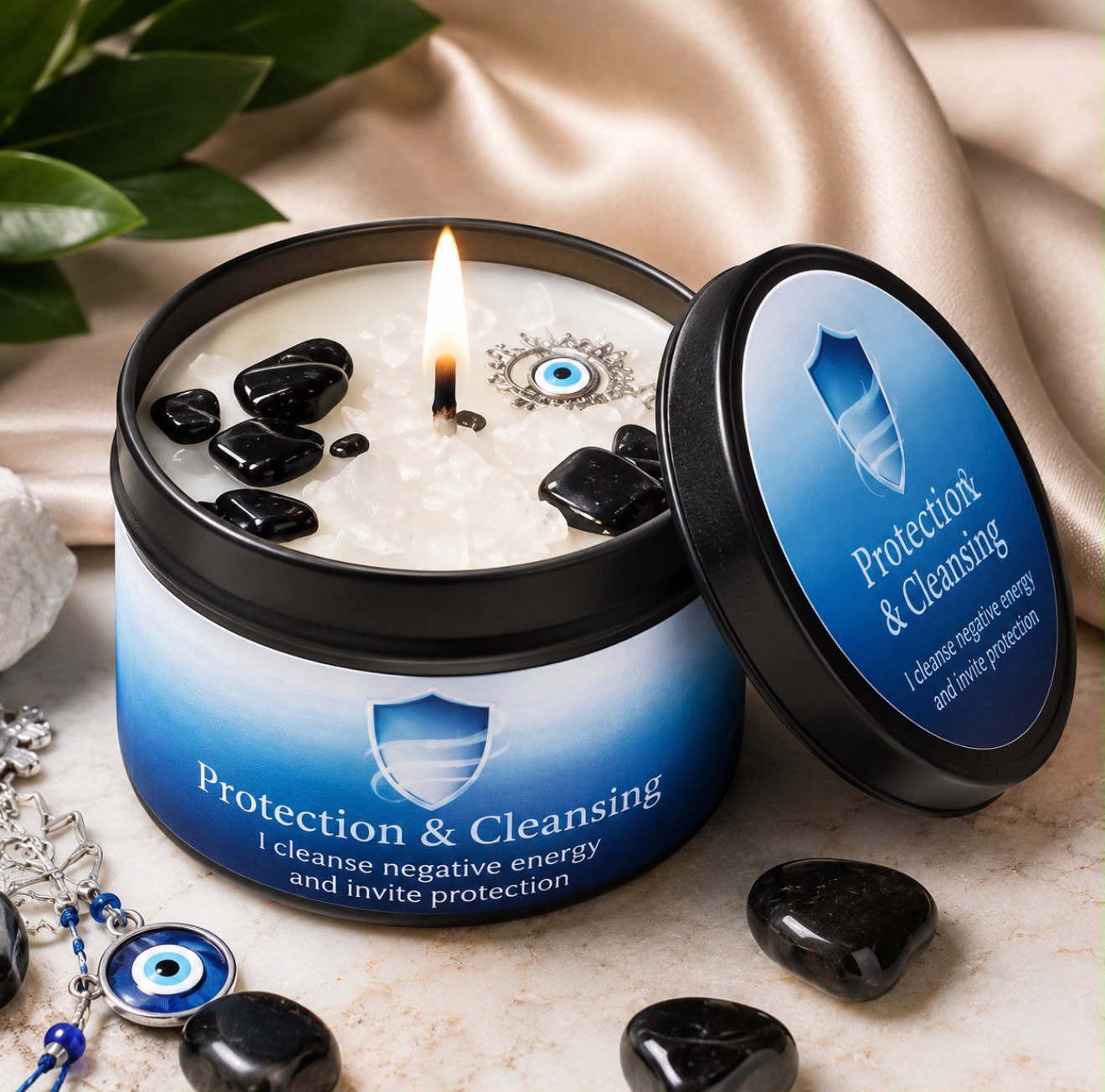 Protection & Cleansing Candle with Crystals