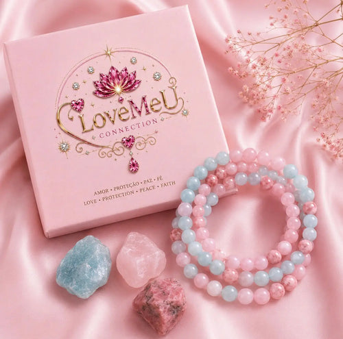 Caixa rosa da japamala Gravidez & Proteção com pedras soltas de quartzo rosa, água-marinha e rodocrosite
