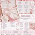 Infográfico bilingue da Japamala Milagre, com pulseiras energéticas, gravação personalizada e mulher grávida