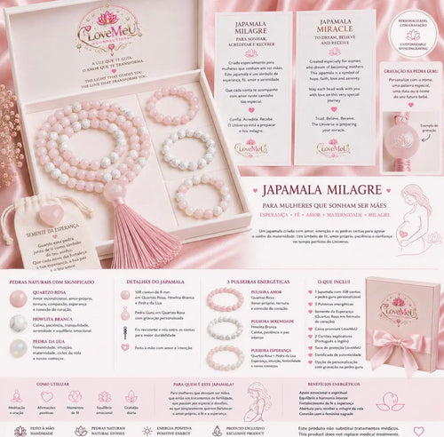 Infográfico bilingue da Japamala Milagre, com pulseiras energéticas, gravação personalizada e mulher grávida