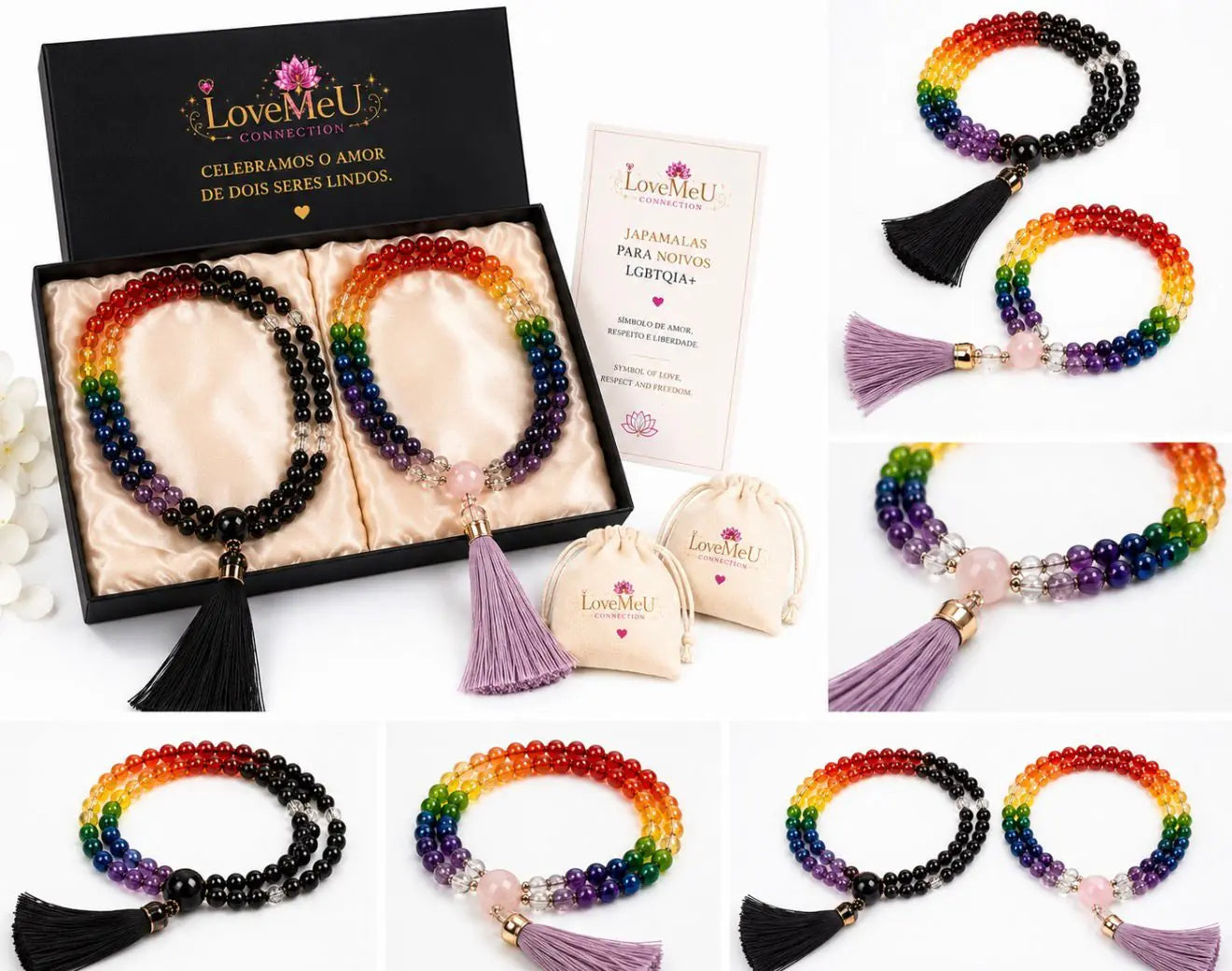 Detalhes das pulseiras japamala arco-íris para noivos LGBTQIA+, com borlas e saquinhos de embrulho