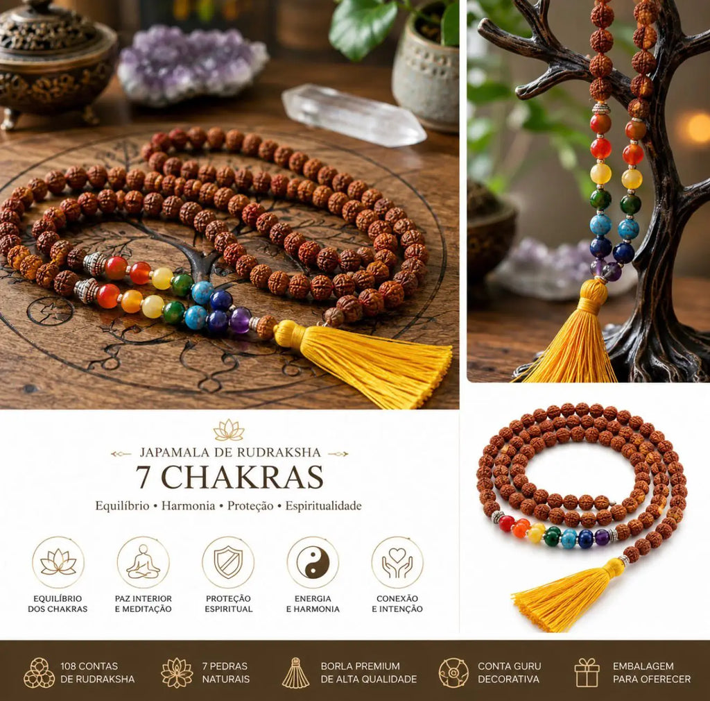 Colagem de fotos da Japamala de Rudraksha 7 Chakras, pendurada numa árvore decorativa e em detalhe sobre mesa de madeira