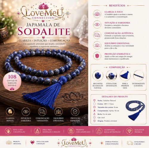 Infográfico da Japamala de Sodalite com benefícios, composição e detalhes do produto