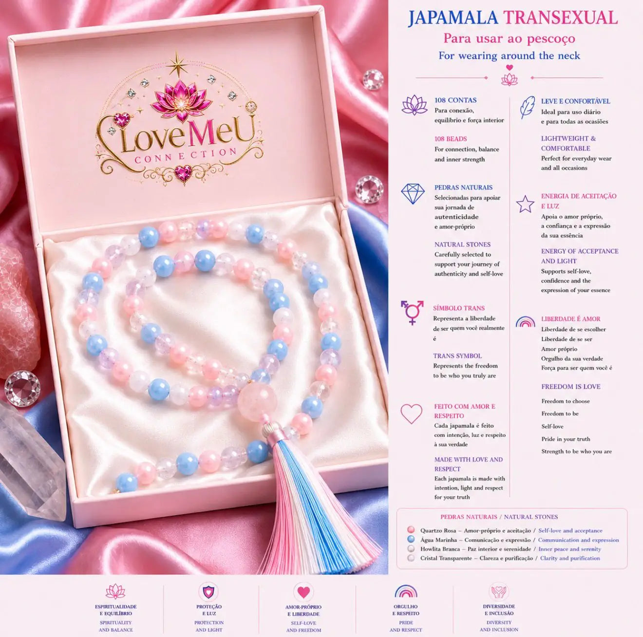 Caixa rosa aberta com japamala Transexual e infográfico bilingue com o significado das pedras naturais