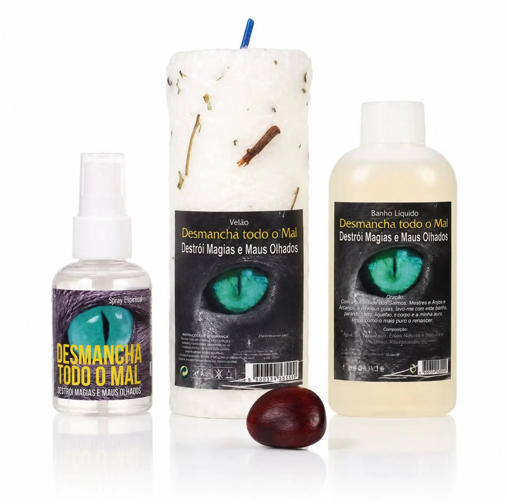 Kit Espiritual Desmancha Todo o Mal com spray, velão e banho líquido, vista frontal em fundo branco