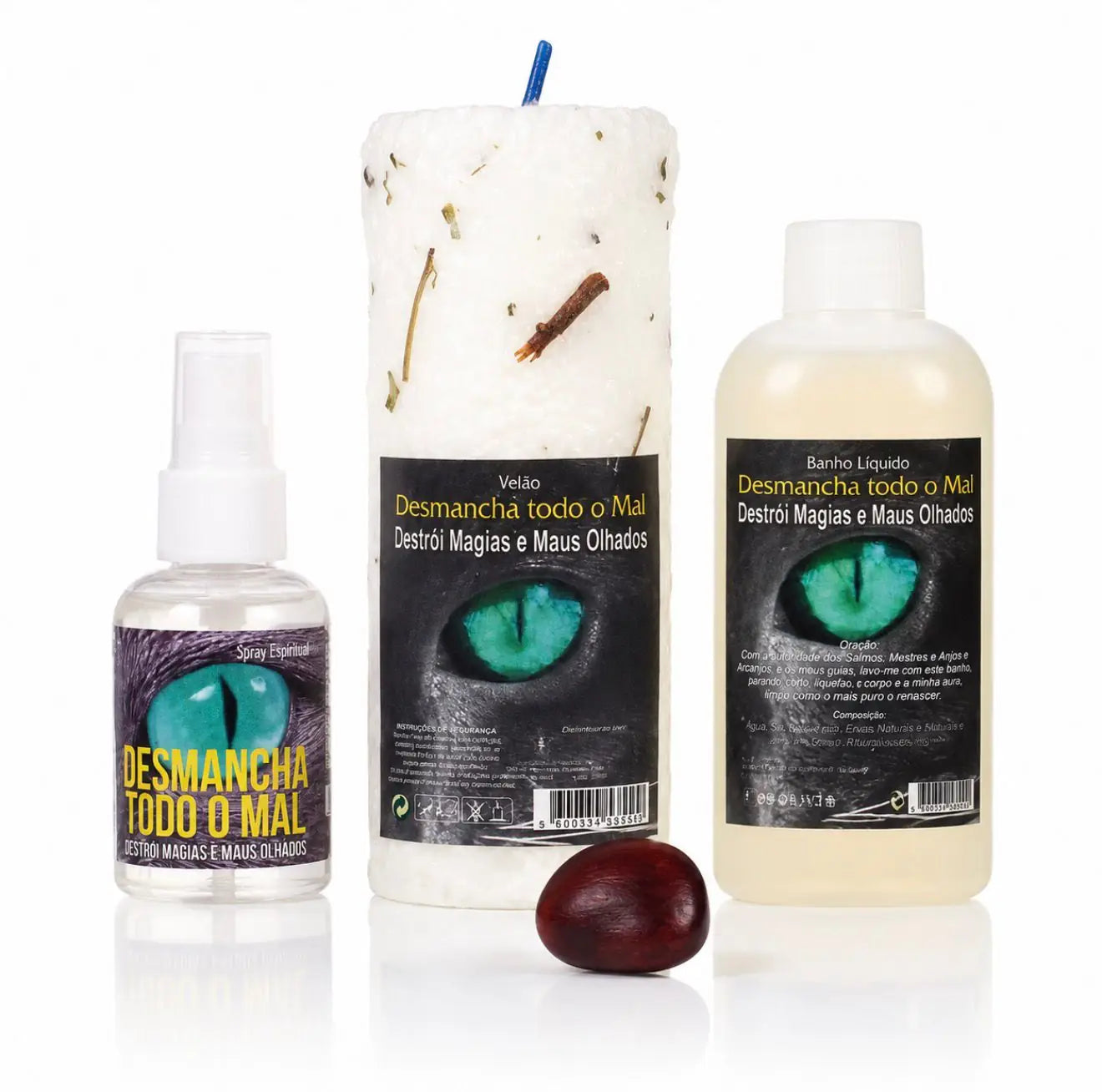 Kit Espiritual Desmancha Todo o Mal com spray, velão e banho líquido, vista frontal em fundo branco