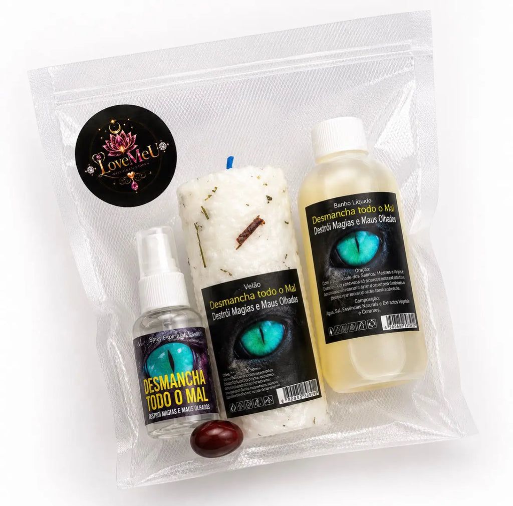 Kit Espiritual Desmancha Todo o Mal embalado em saco transparente, vista de cima