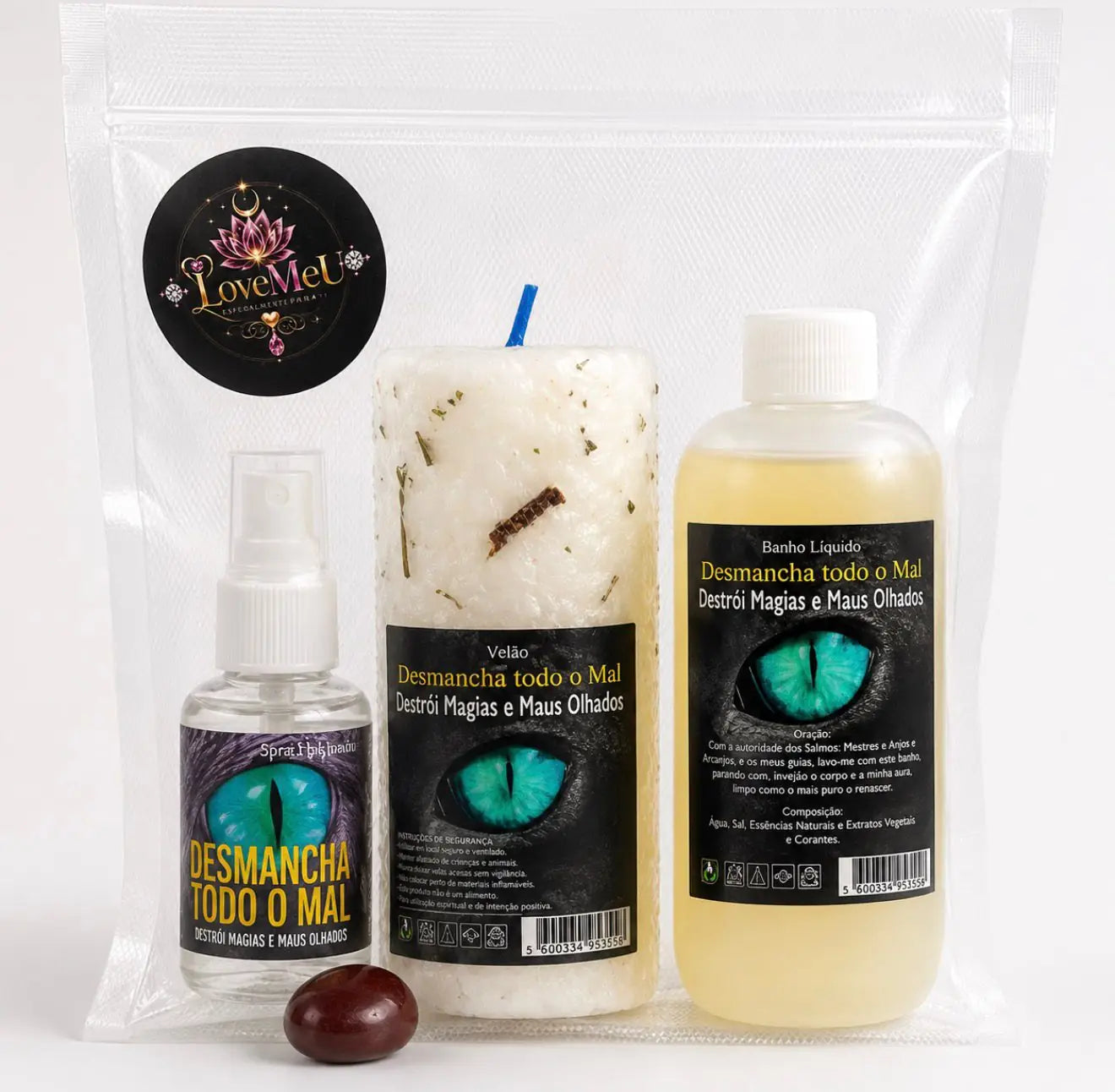 Kit Espiritual Desmancha Todo o Mal embalado em saco transparente com etiqueta LoveMeU