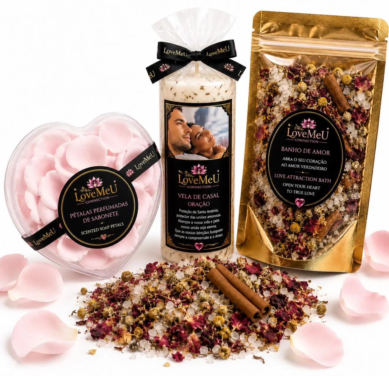 Conjunto completo do Kit Banho Jardim da Alma com pétalas perfumadas, vela de casal e banho de amor
