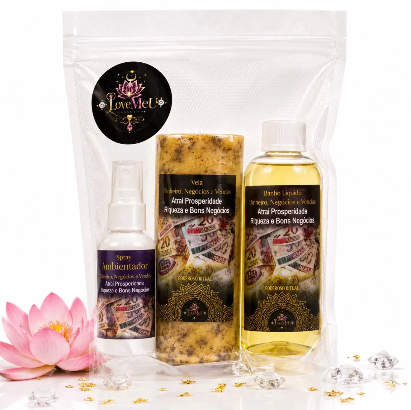 Kit Luxo e Prosperidade embalado em saco transparente, com flor de lótus rosa e cristais decorativos