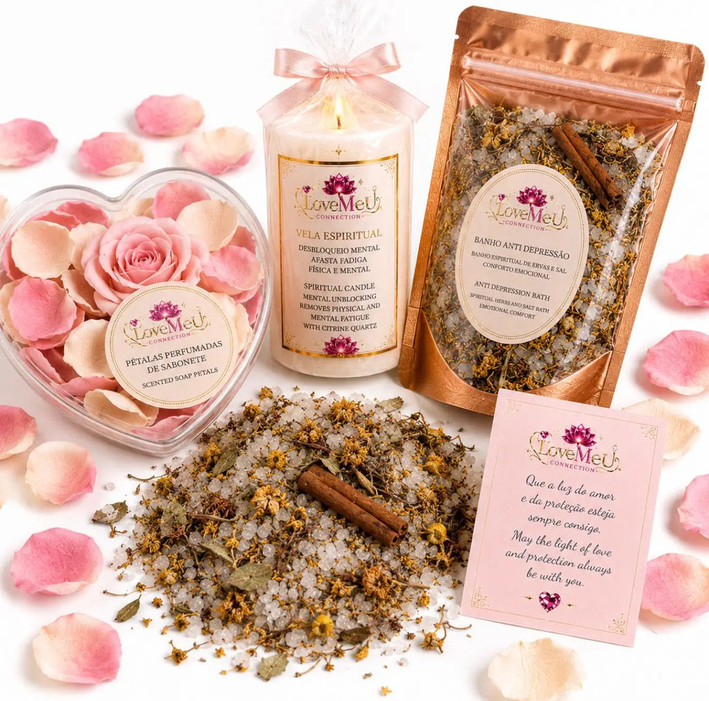 Kit Renascer com pétalas perfumadas, vela espiritual e banho anti depressão, isolado em fundo branco