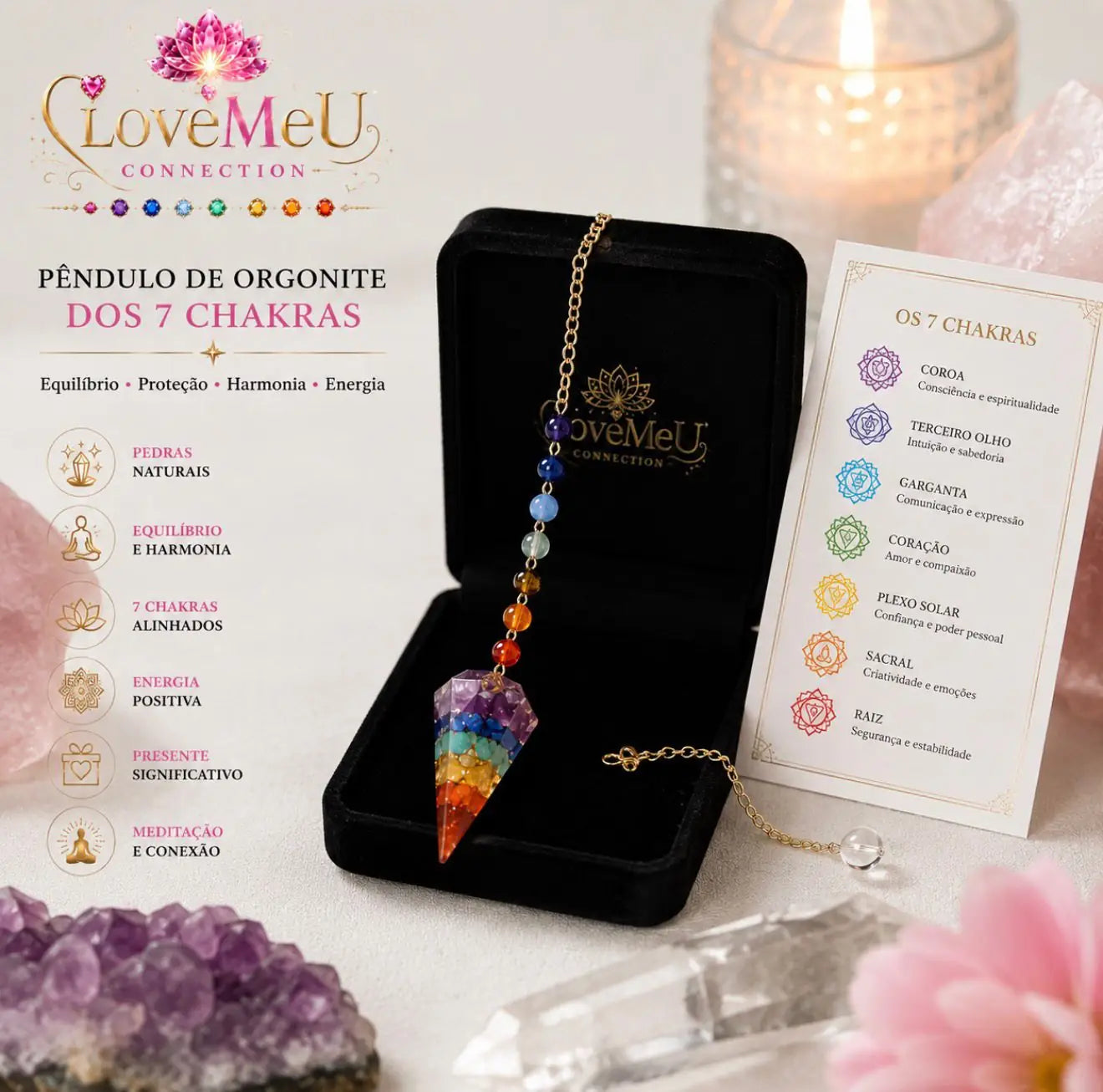 Pêndulo de orgonite dos 7 chakras em estojo preto aberto, com cartão explicativo dos chakras