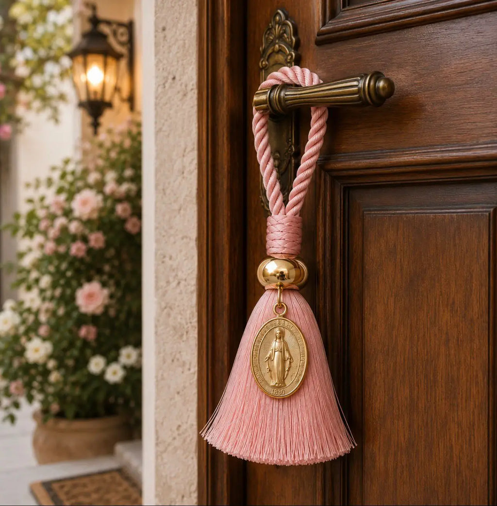 Pingente decorativo com medalha milagrosa pendurado numa porta de madeira escura, entrada exterior