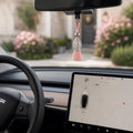 Pingente decorativo com medalha milagrosa e borla rosa pendurado no retrovisor de um automóvel