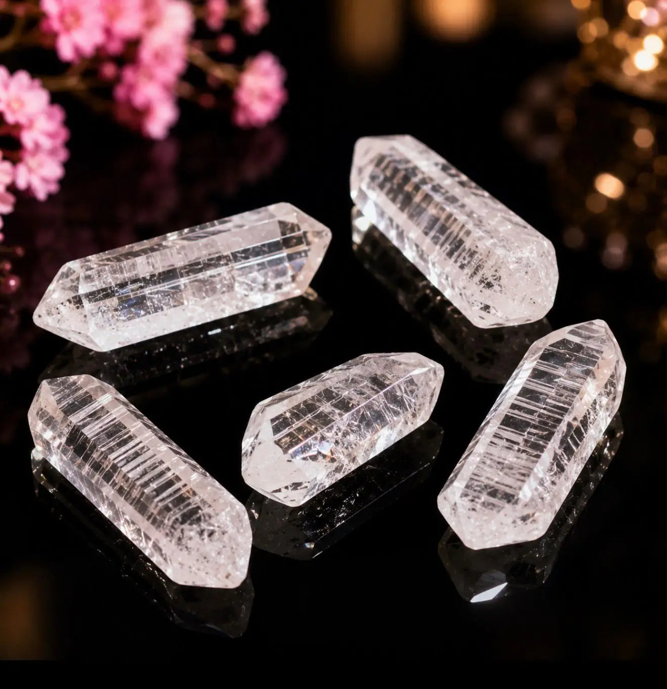Pontas de cristal de quartzo transparente isoladas em fundo preto, com flores cor-de-rosa