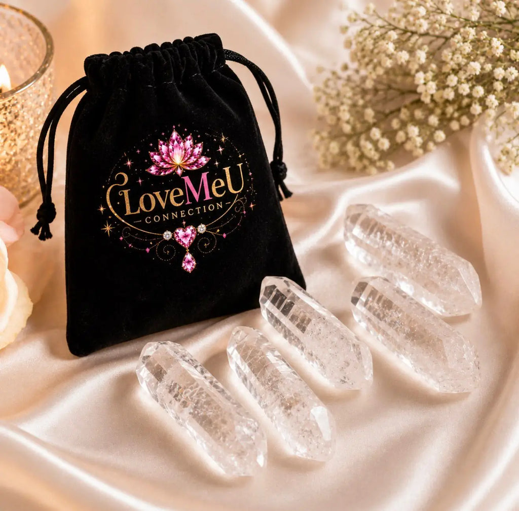 Cinco pontas de cristal de quartzo transparente com saco de veludo preto LoveMeU