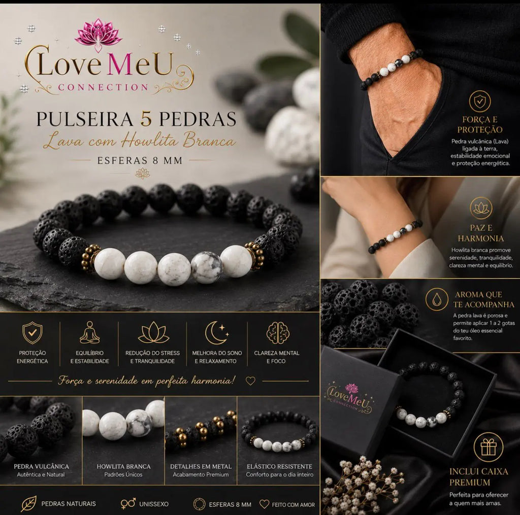 Infográfico da pulseira 5 pedras de lava vulcânica com howlita branca, esferas de 8 mm