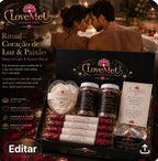 Casal abraçado numa banheira com velas, com a caixa do Ritual Coração de Luz & Paixão em primeiro plano
