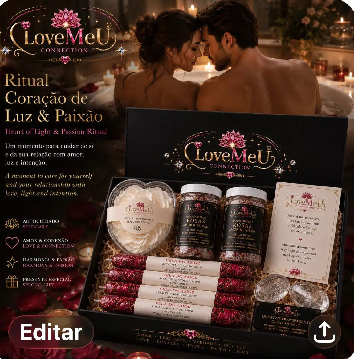 Casal abraçado numa banheira com velas, com a caixa do Ritual Coração de Luz & Paixão em primeiro plano