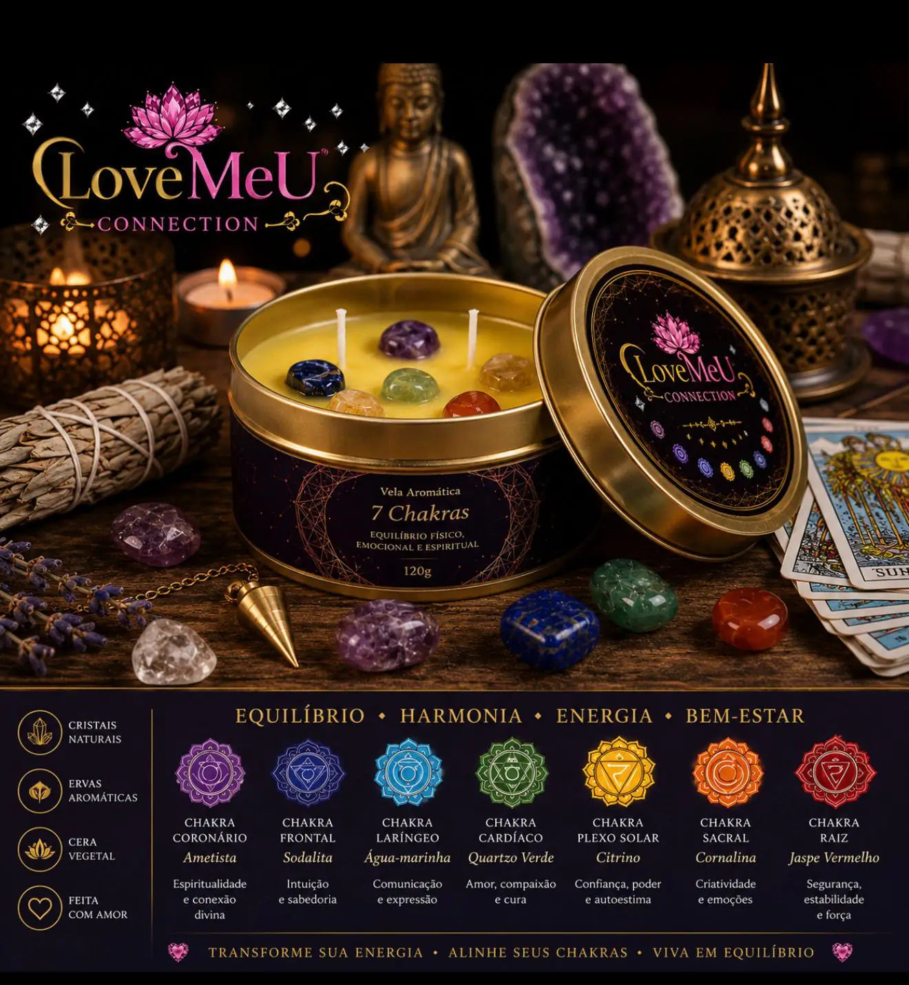 Vela Aromática dos 7 Chakras sobre mesa de madeira, com estátua de Buda, incensário e cartas de tarot