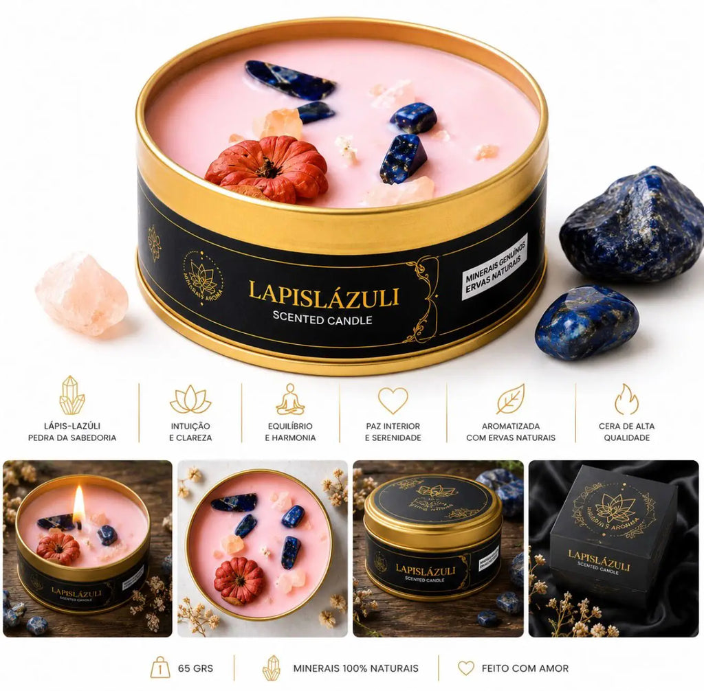 Infográfico da Vela Aromática Lápis-lazúli, com benefícios e colagem de fotos do produto