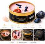 Infográfico da Vela Aromática Lápis-lazúli, com benefícios e colagem de fotos do produto