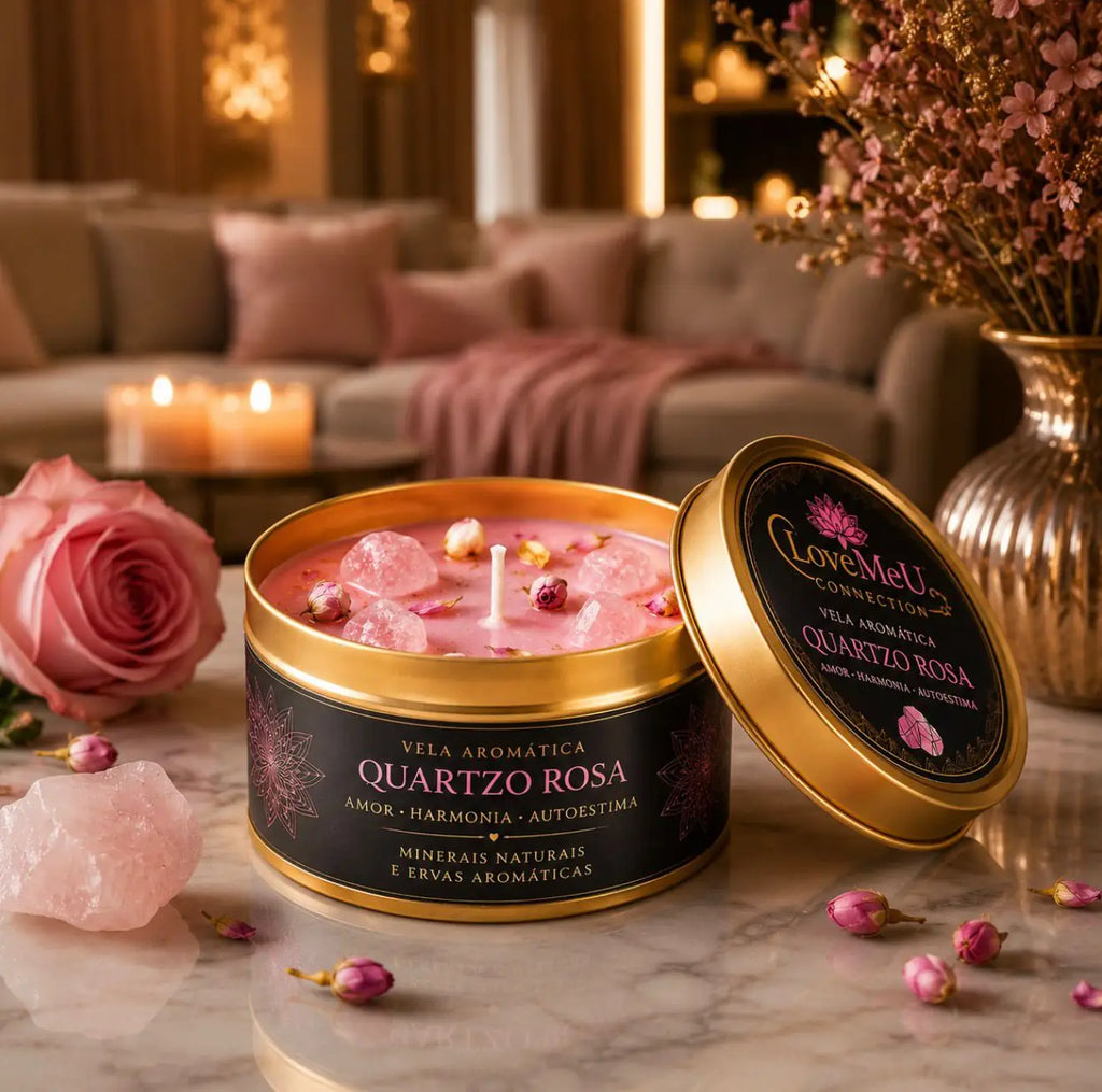 Vela Aromática Quartzo Rosa numa sala de estar, com rosa e velas acesas ao fundo