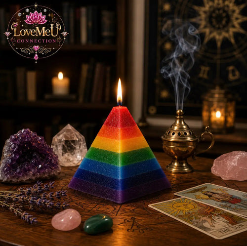 Vela Pirâmide 7 Chakras acesa, sobre mesa esotérica com incensário, cristais e cartas de tarot