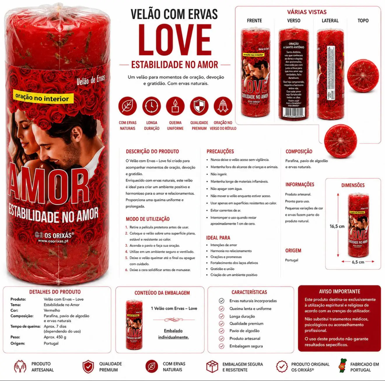 Infográfico em português do Velão com Ervas Amor - Estabilidade no Amor