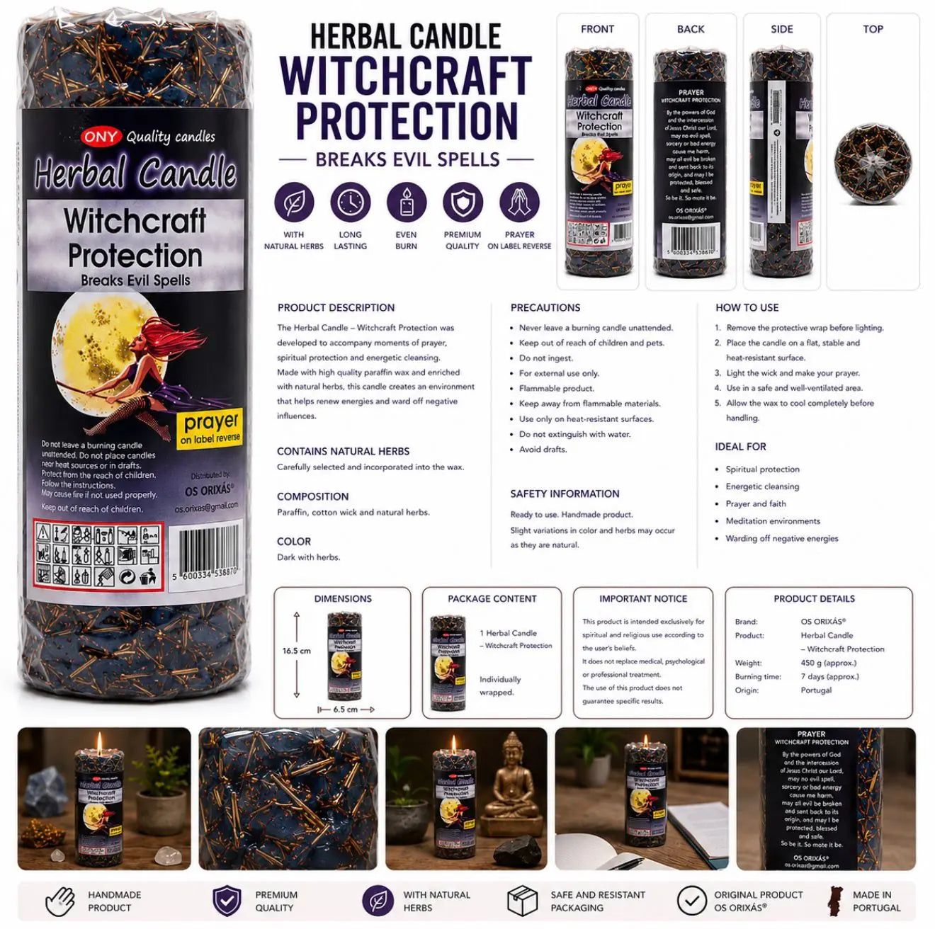 Infográfico em inglês da vela ritualística Witchcraft Protection Herbal Candle