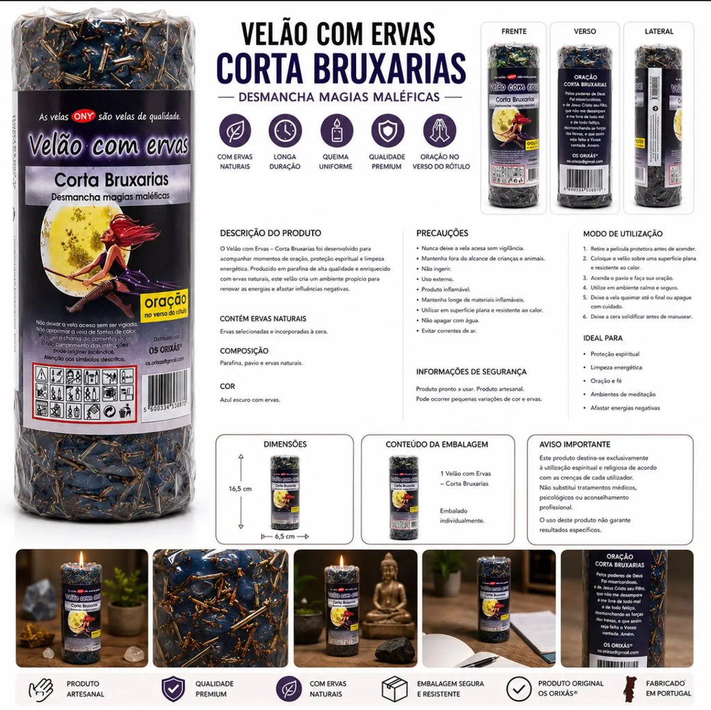 Infográfico em português do Velão com Ervas Corta Bruxarias, com descrição, composição e modo de utilização