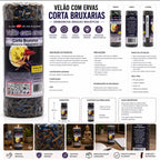 Infográfico em português do Velão com Ervas Corta Bruxarias, com descrição, composição e modo de utilização