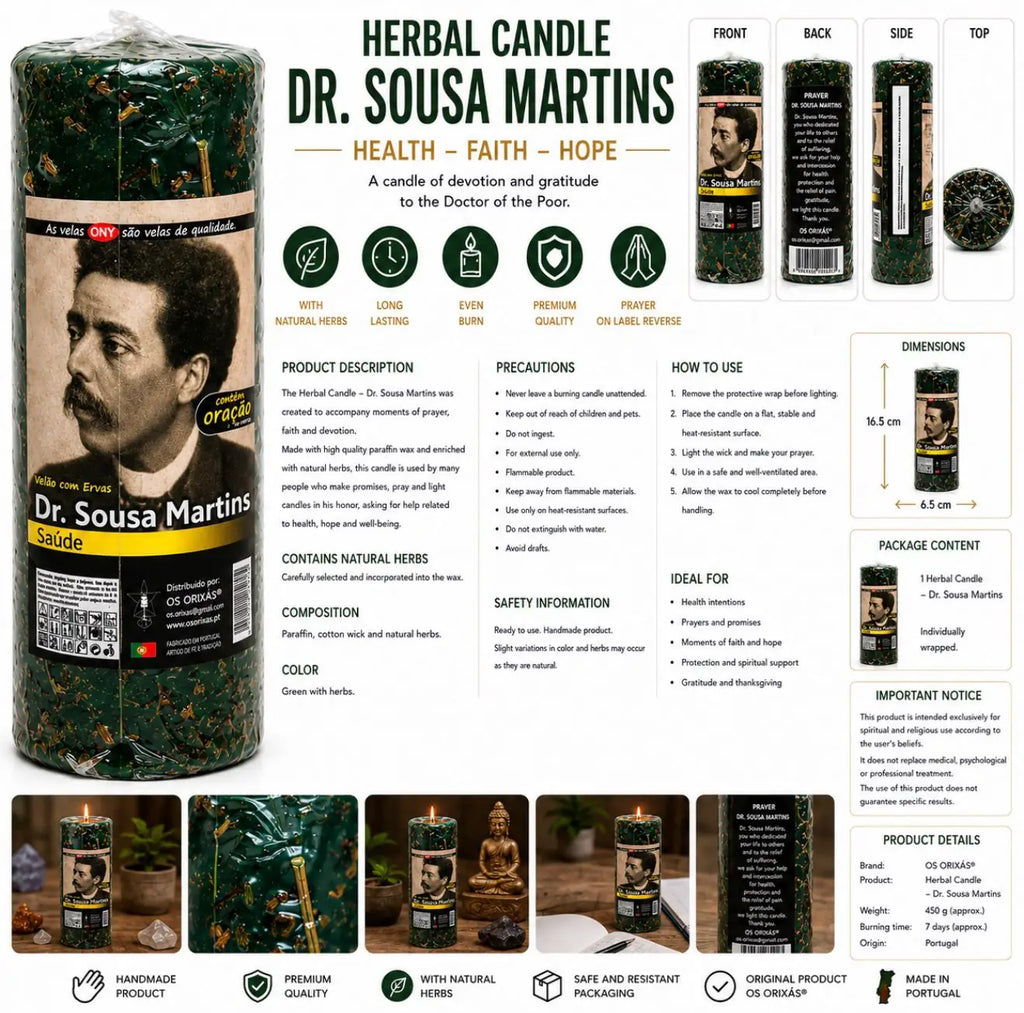 Infográfico em inglês do Herbal Candle Dr. Sousa Martins, Health Faith Hope