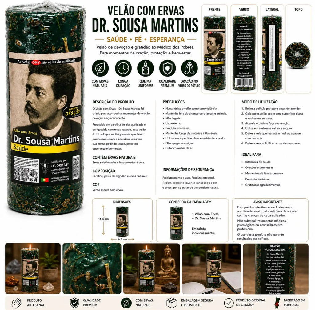 Infográfico em português do Velão com Ervas Dr. Sousa Martins, Saúde Fé Esperança