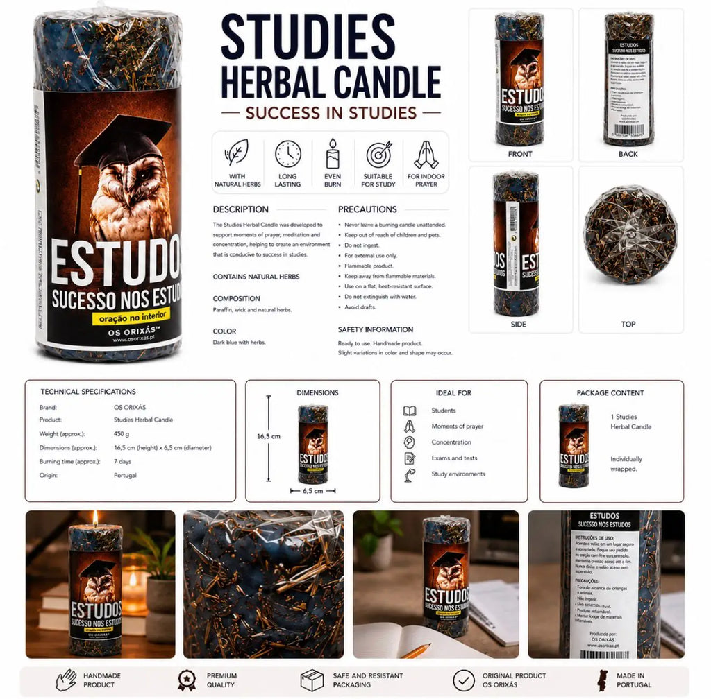 Infográfico em inglês do Studies Herbal Candle, com composição e modo de utilização