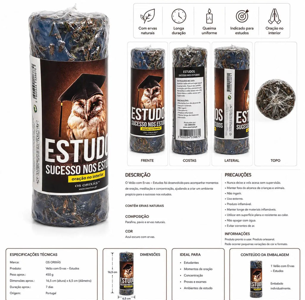 Infográfico em português do Velão com Ervas Estudos, com composição e modo de utilização